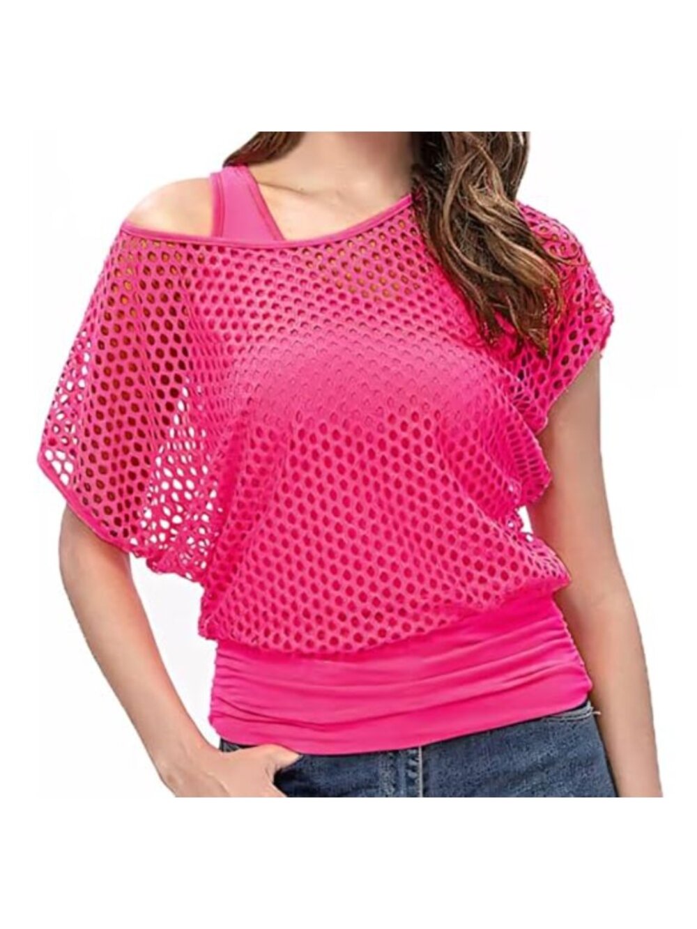 WILDPARTY Women's 2-Piece Off Shoulder T-Shirt & Fishnet Mesh Crop Tank Top Set